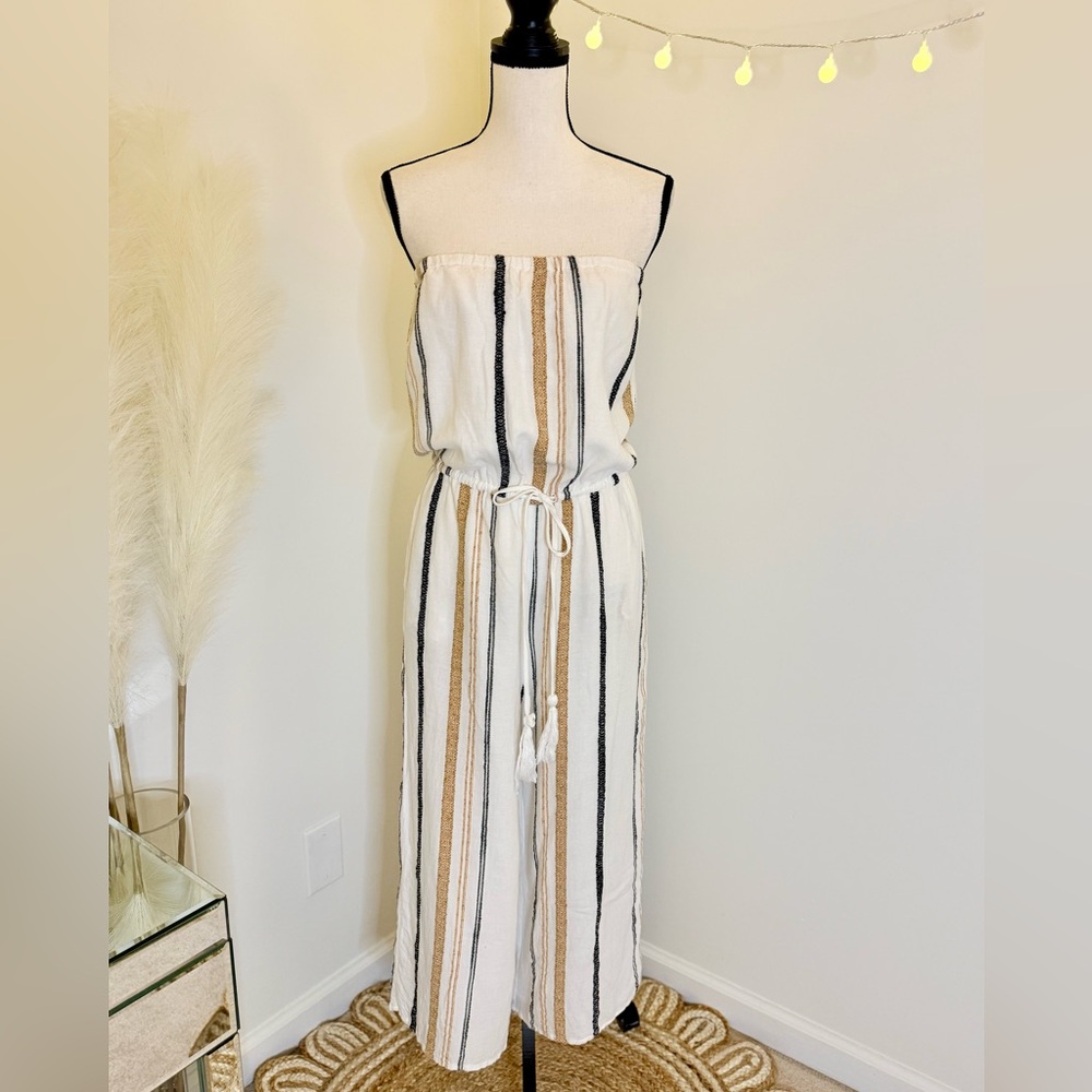 🌾‎ For The Republic White and Tan Striped Jumpsuit